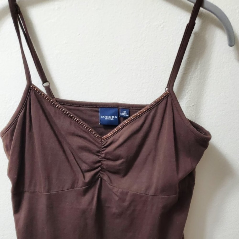 Sonoma women's brown tank top with beads decorations on the upper front edge, M.